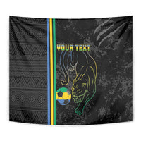 Black fabric tapestry with panther face graphic, soccer ball, vertical stripes, and “YOUR TEXT”