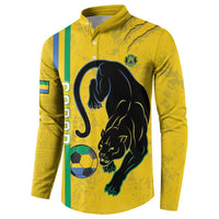 Side-view yellow button-up football sweatshirt with panther and soccer ball graphic