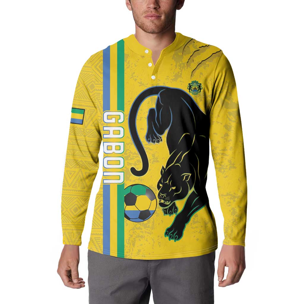 Yellow button-up football sweatshirt on model, panther graphic with striped accents