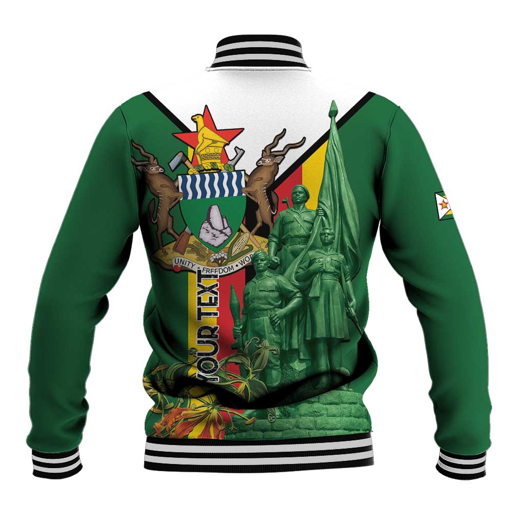 Green baseball jacket with striped collar, ribbed cuffs, large back memorial graphic