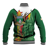 Green baseball jacket with striped collar, ribbed cuffs, large back memorial graphic