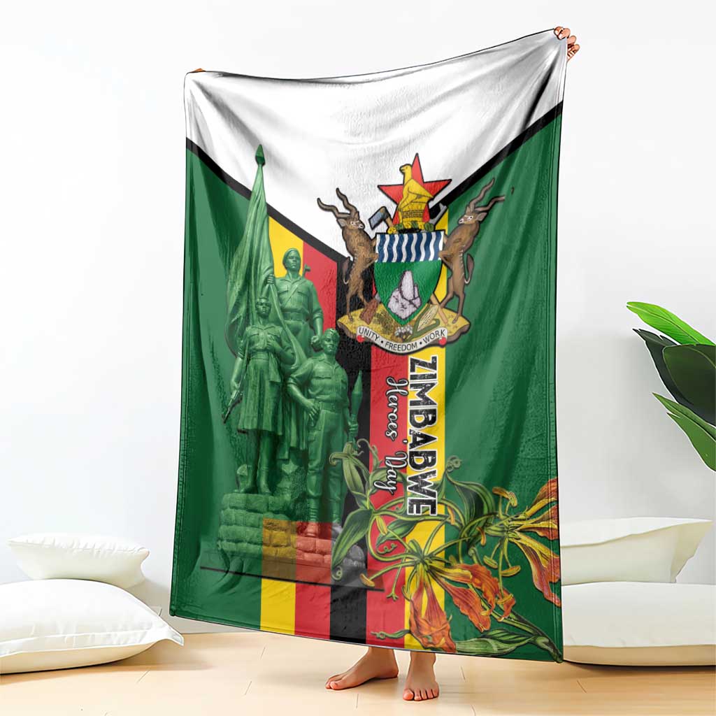 Green and white blanket featuring Zimbabwe memorial crest and Liberation War graphic