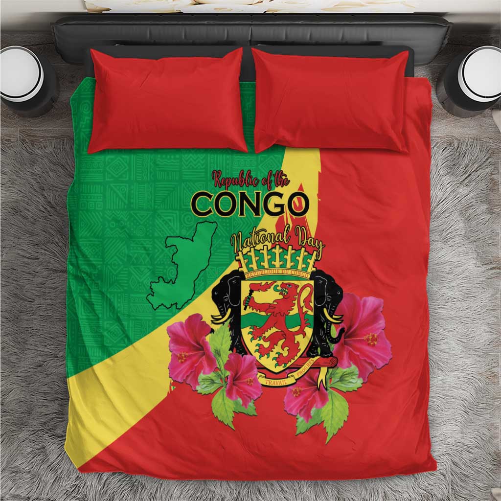 Personalized Congo Brazzaville National Day Bedding Set Coat Of Arms Hibiscus Flower - Wonder Print Shop
