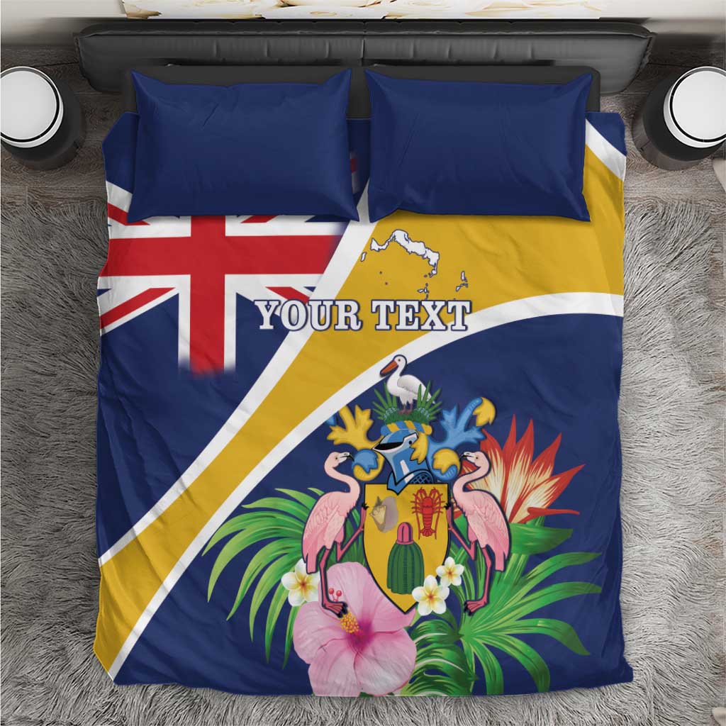 Personalized dark blue bedding set with yellow flag design, tropical flamingos and flowers