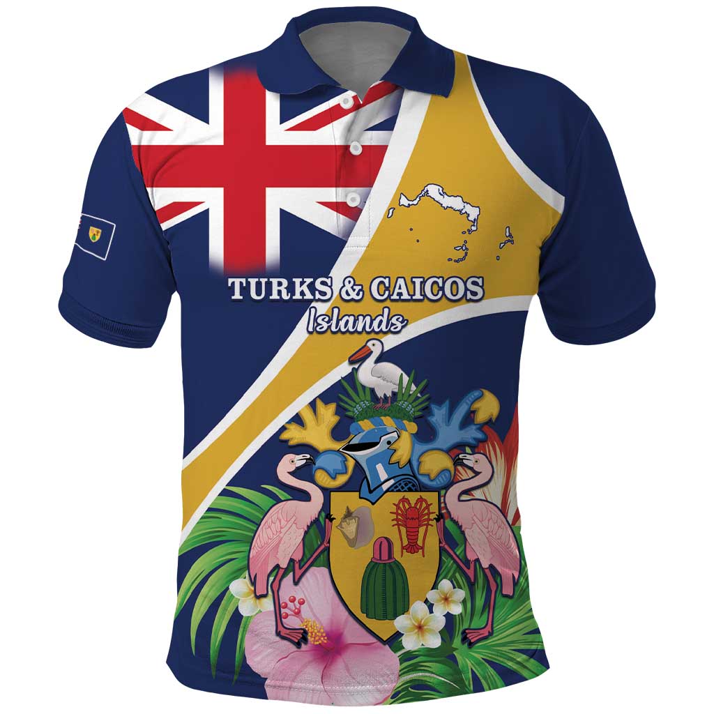 Personalised Turks And Caicos Islands Polo Shirt Coat Of Arms Tropical Flower - Wonder Print Shop