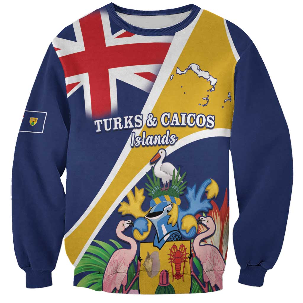 Dark blue unisex sweatshirt with front flag print, pelican and tropical crest