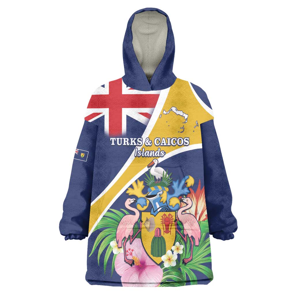 Personalised Turks And Caicos Islands Wearable Blanket Hoodie Coat Of Arms Tropical Flower