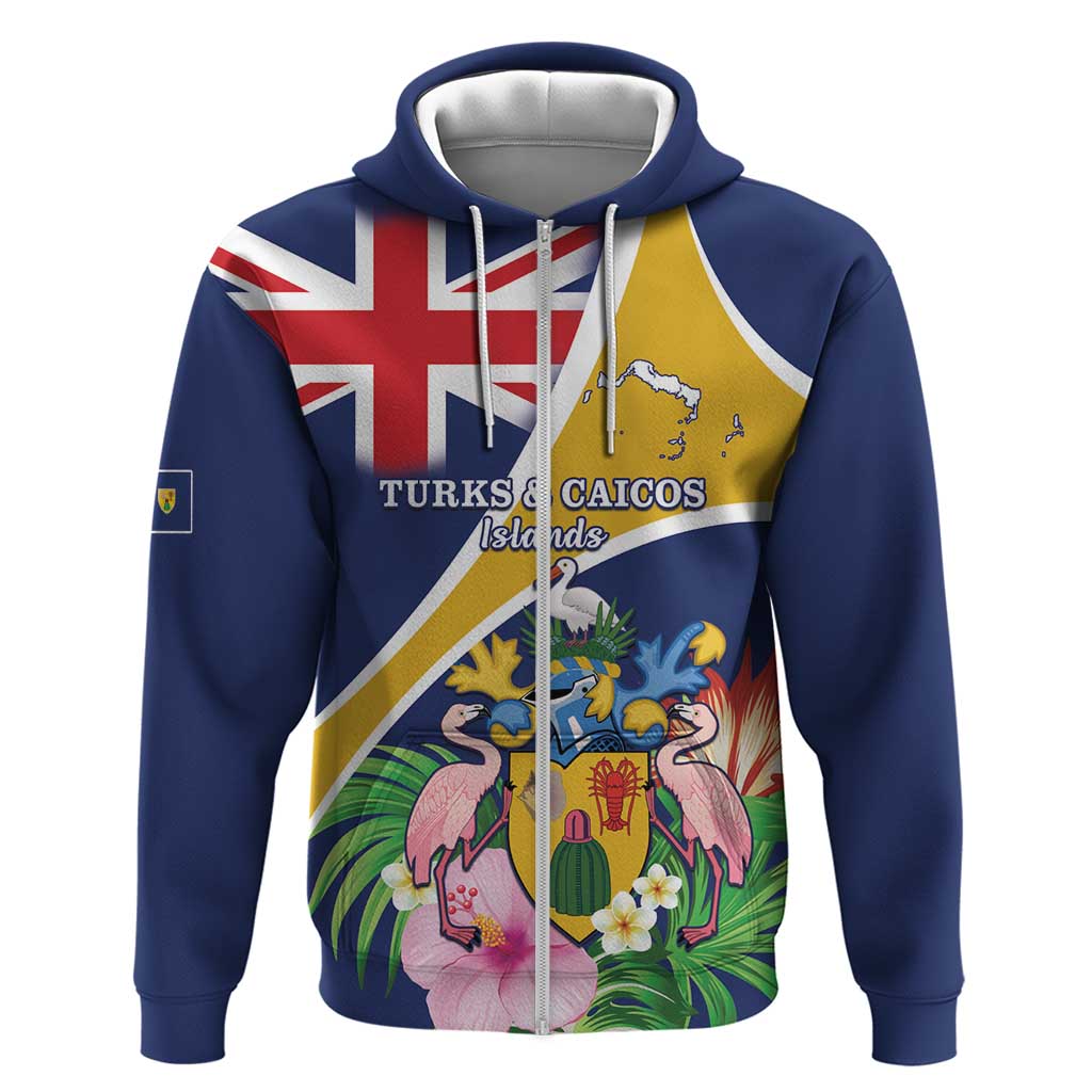 Personalised Turks And Caicos Islands Zip Hoodie Coat Of Arms Tropical Flower - Wonder Print Shop