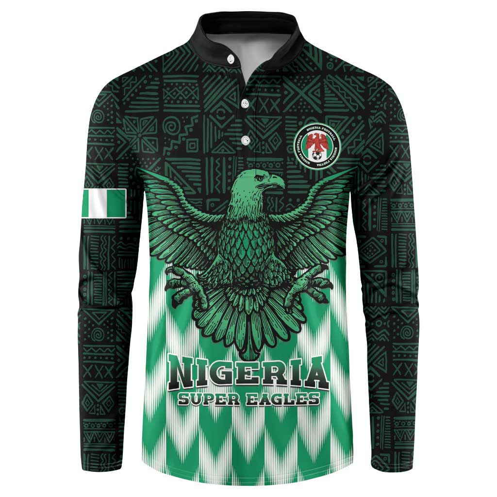 Green patterned button-up sweatshirt with large eagle crest and Nigeria Super Eagles graphic
