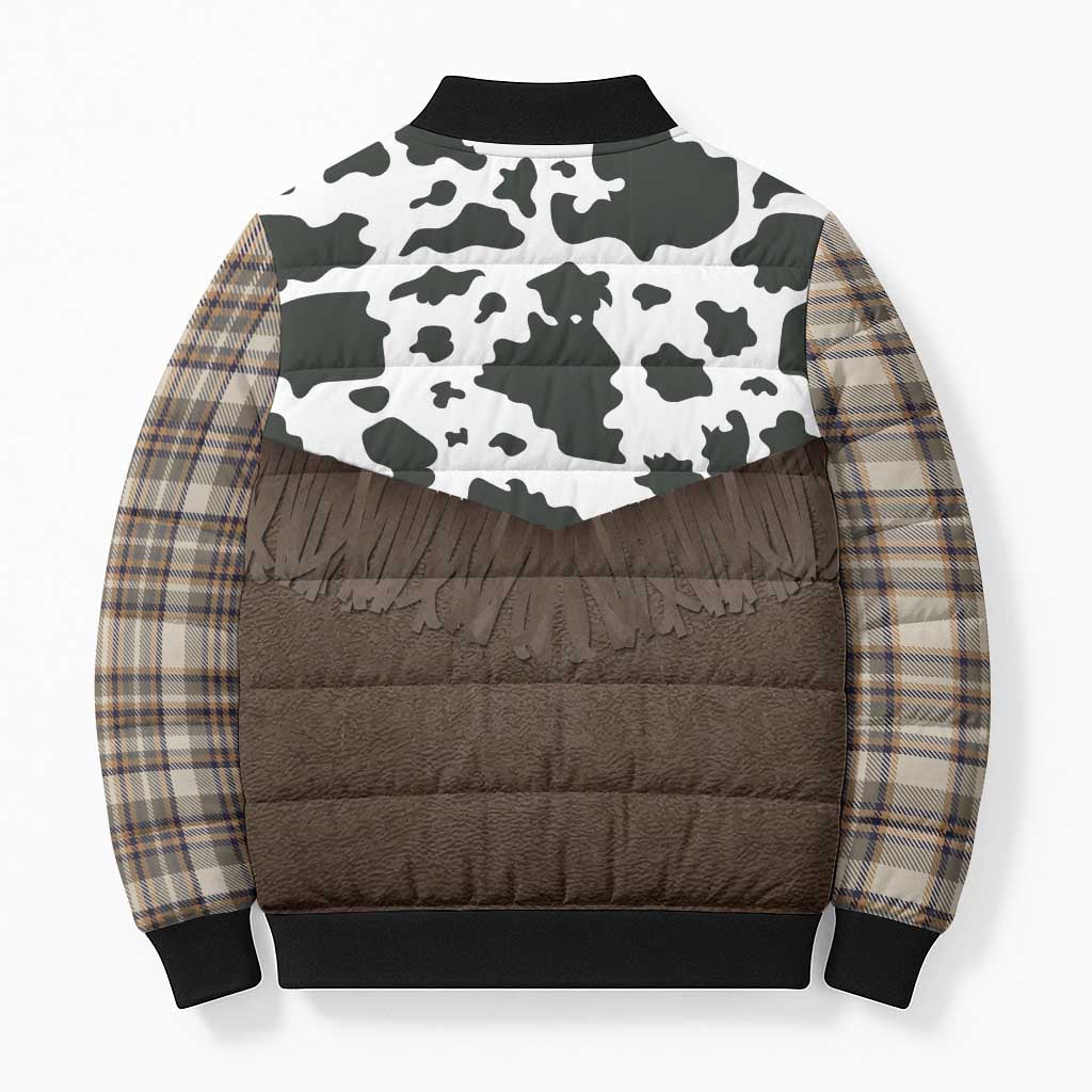 Cowboy Vest Costume Bomber Puffer Jacket Brown Beige Plaid Pattern - Wonder Print Shop