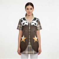 Cowboy Vest Costume Scrub Top Brown Beige Plaid Pattern - Wonder Print Shop