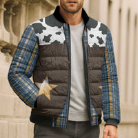 Cowboy Vest Costume Bomber Puffer Jacket Blue Yellow Plaid Pattern - Wonder Print Shop