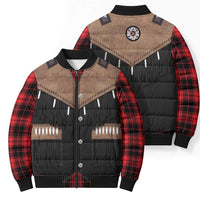 Western Cowboy Vest Style Bomber Puffer Jacket Black Red Plaid Pattern - Wonder Print Shop