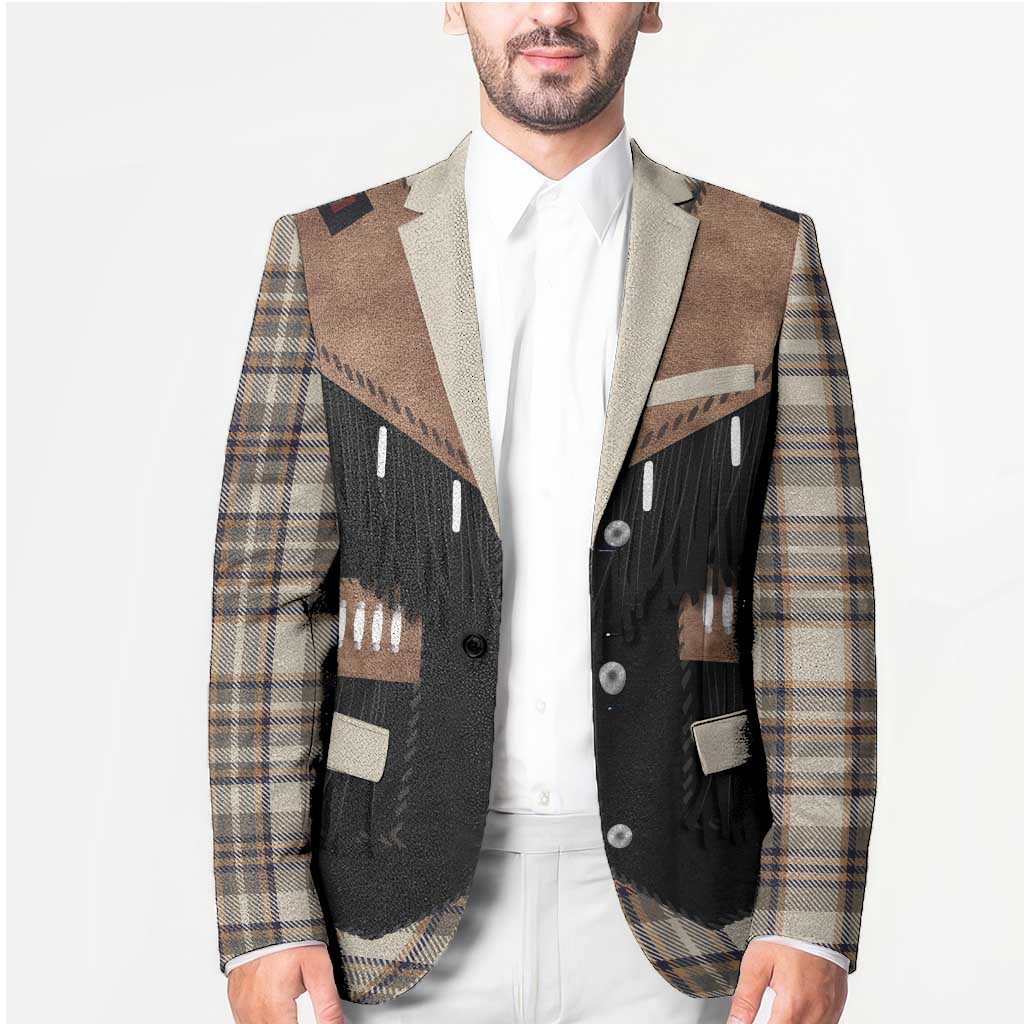 Western Cowboy Vest Style Blazer Brown Beige Plaid Pattern - Wonder Print Shop