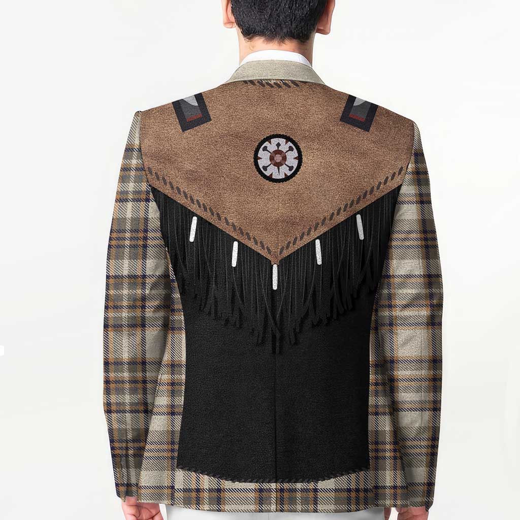 Western Cowboy Vest Style Blazer Brown Beige Plaid Pattern - Wonder Print Shop