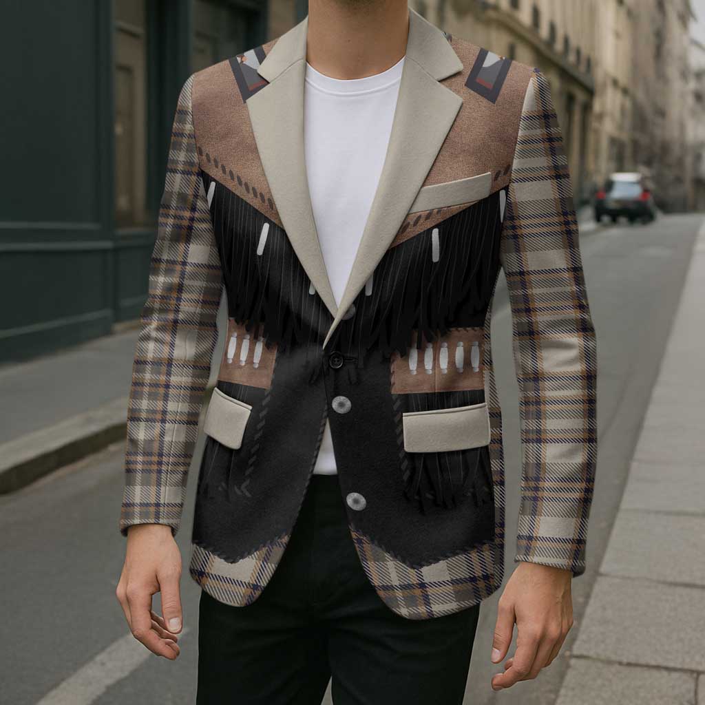 Western Cowboy Vest Style Blazer Brown Beige Plaid Pattern - Wonder Print Shop