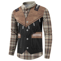 Western Cowboy Vest Style Button Sweatshirt Brown Beige Plaid Pattern - Wonder Print Shop