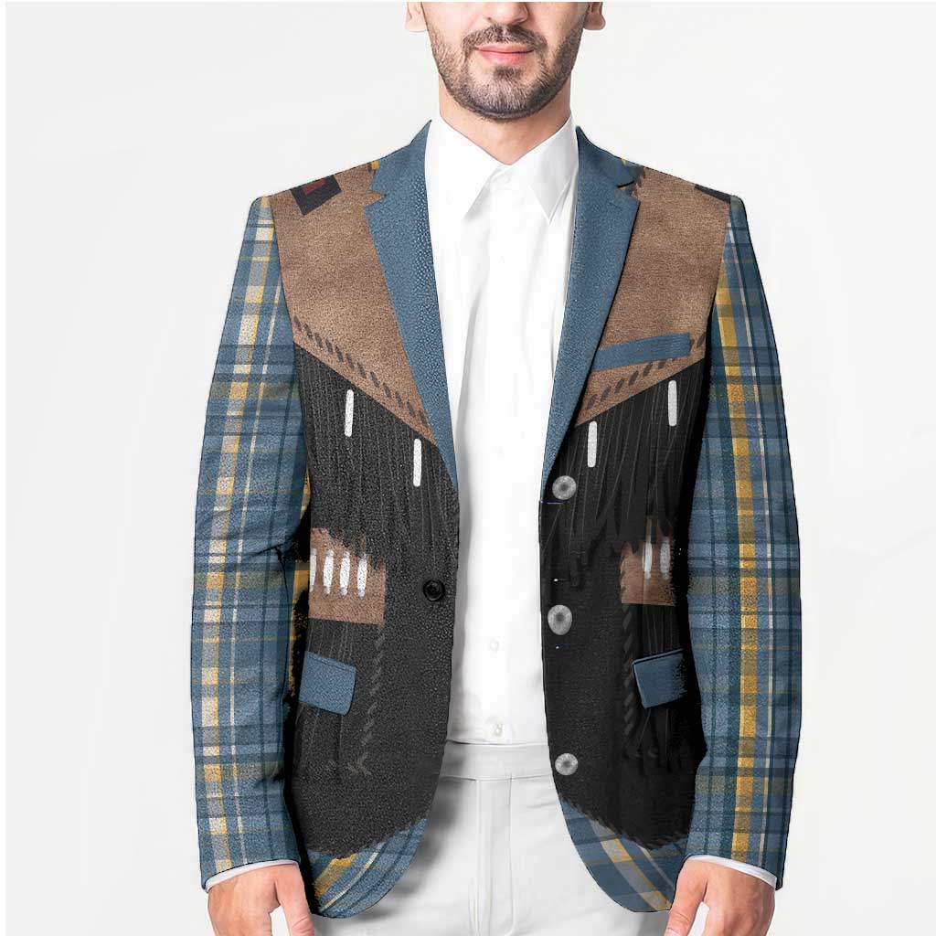 Western Cowboy Vest Style Blazer Blue Yellow Plaid Pattern - Wonder Print Shop