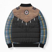 Western Cowboy Vest Style Bomber Puffer Jacket Blue Yellow Plaid Pattern - Wonder Print Shop