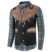 Western Cowboy Vest Style Button Sweatshirt Blue Yellow Plaid Pattern - Wonder Print Shop