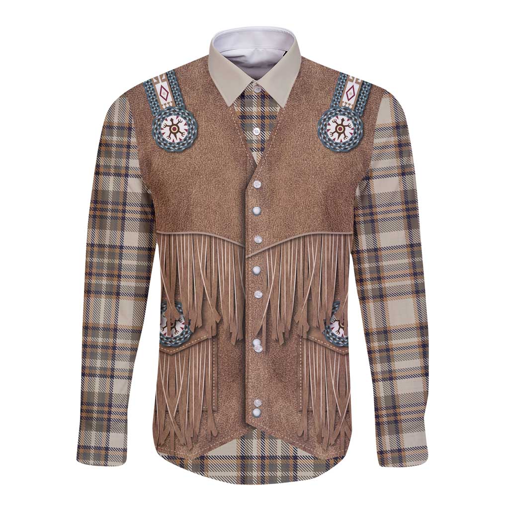 Retro Brown Beige Plaid Long Sleeve Button Shirt Western Cowboy Vest Costume - Wonder Print Shop