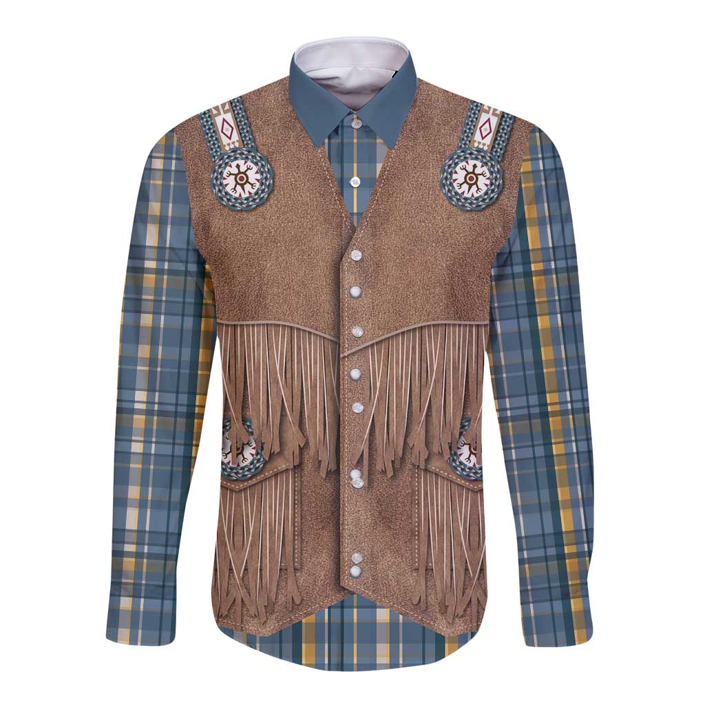 Retro Blue Yellow Plaid Long Sleeve Button Shirt Western Cowboy Vest Costume - Wonder Print Shop