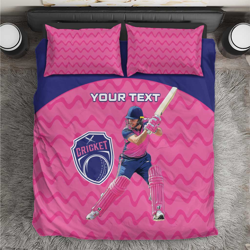 Pink cricket bedding set with two chevron pillows and duvet featuring player graphic