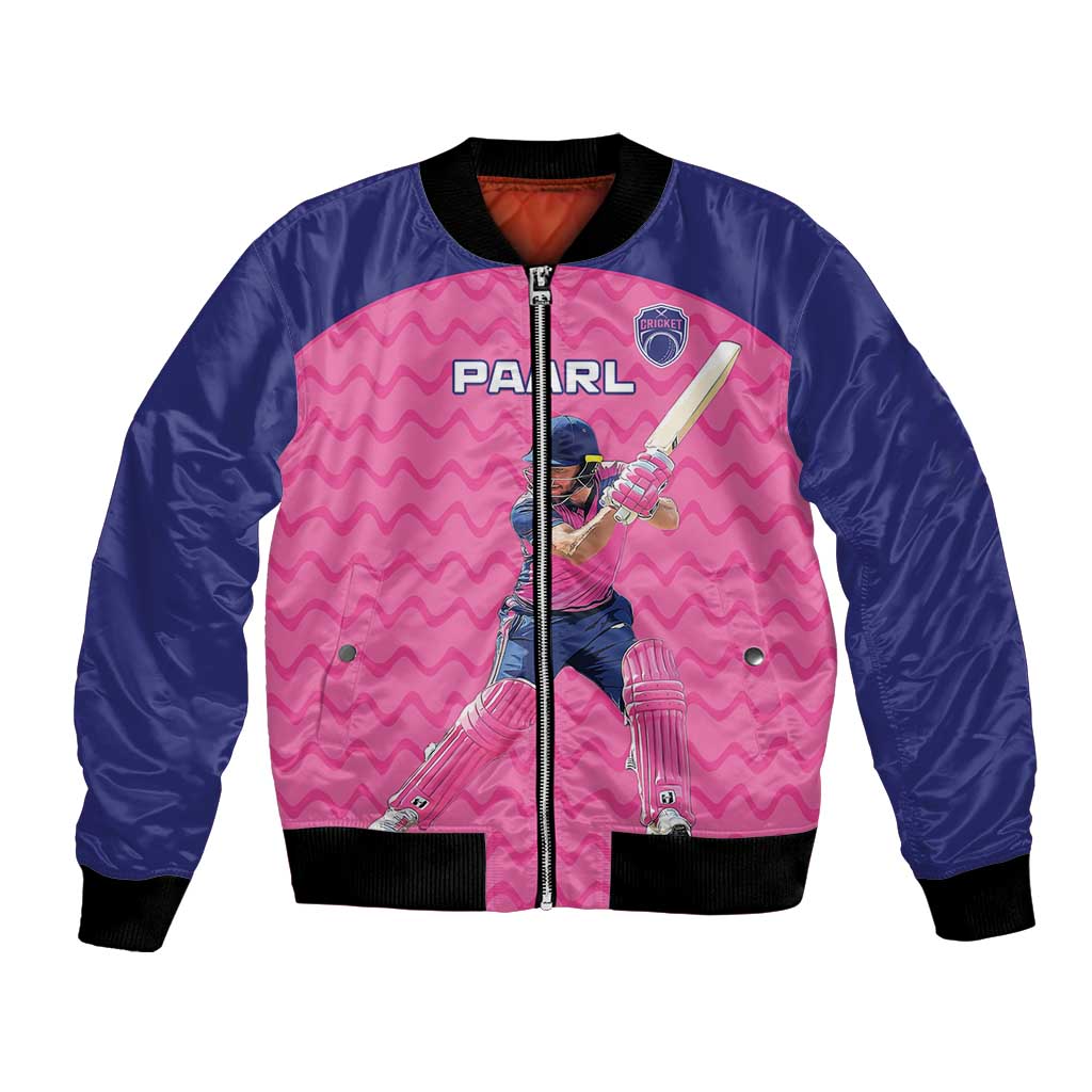 Pink and navy satin bomber jacket with front zipper, ribbed cuffs, Paarl cricket graphic
