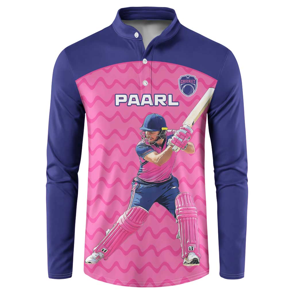 Navy cricket button sweatshirt with pink graphic panel and batting player front print