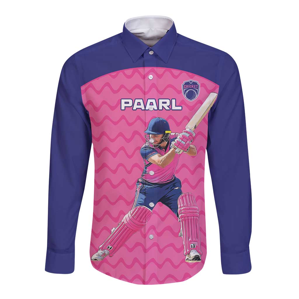 Cricket long-sleeve button shirt with pink front graphic and navy sleeves