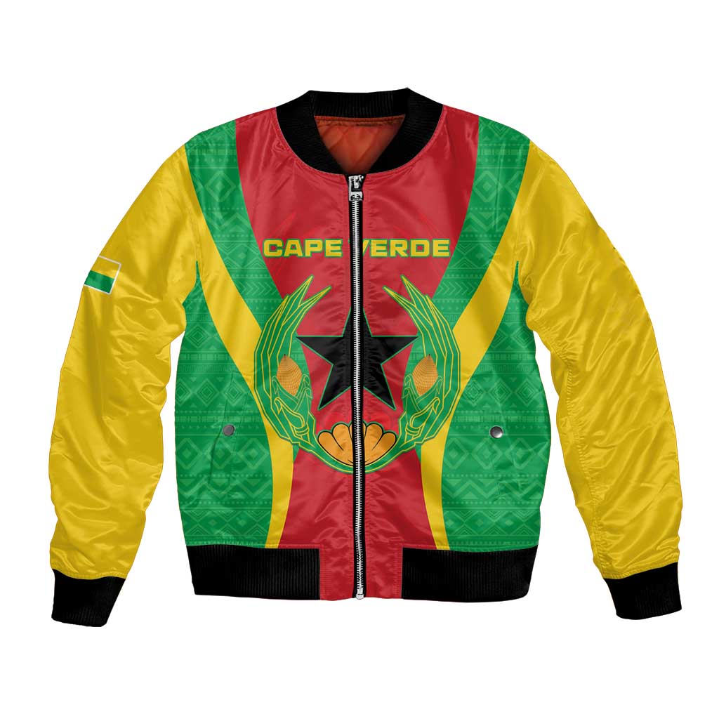 Unisex bomber jacket with Cape Verde flag print, front zip, red green yellow, black rib cuffs