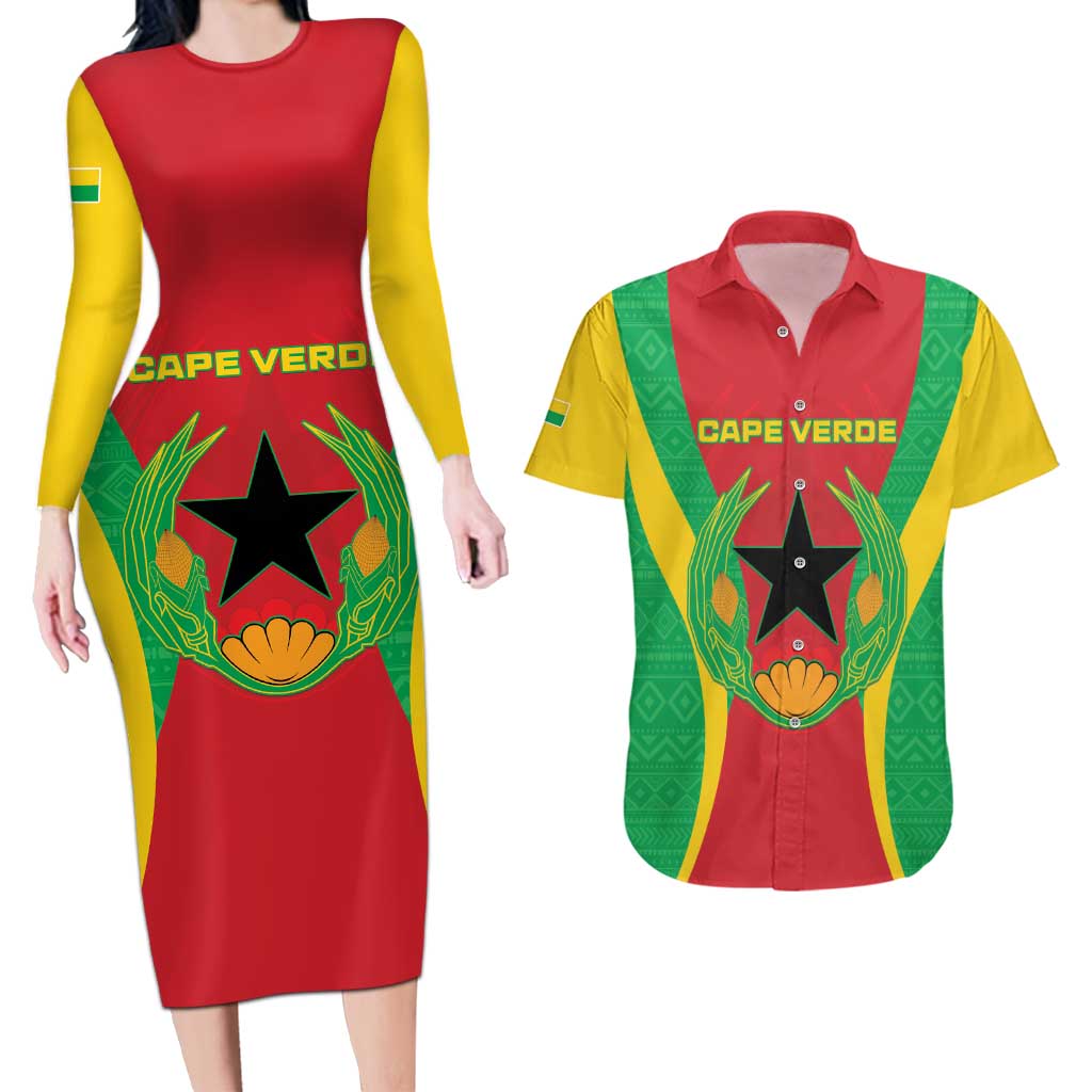 Personalised Cape Verde Couples Matching Long Sleeve Bodycon Dress and Hawaiian Shirt National Flag Of Cape Verde 1975-1992 - Wonder Print Shop