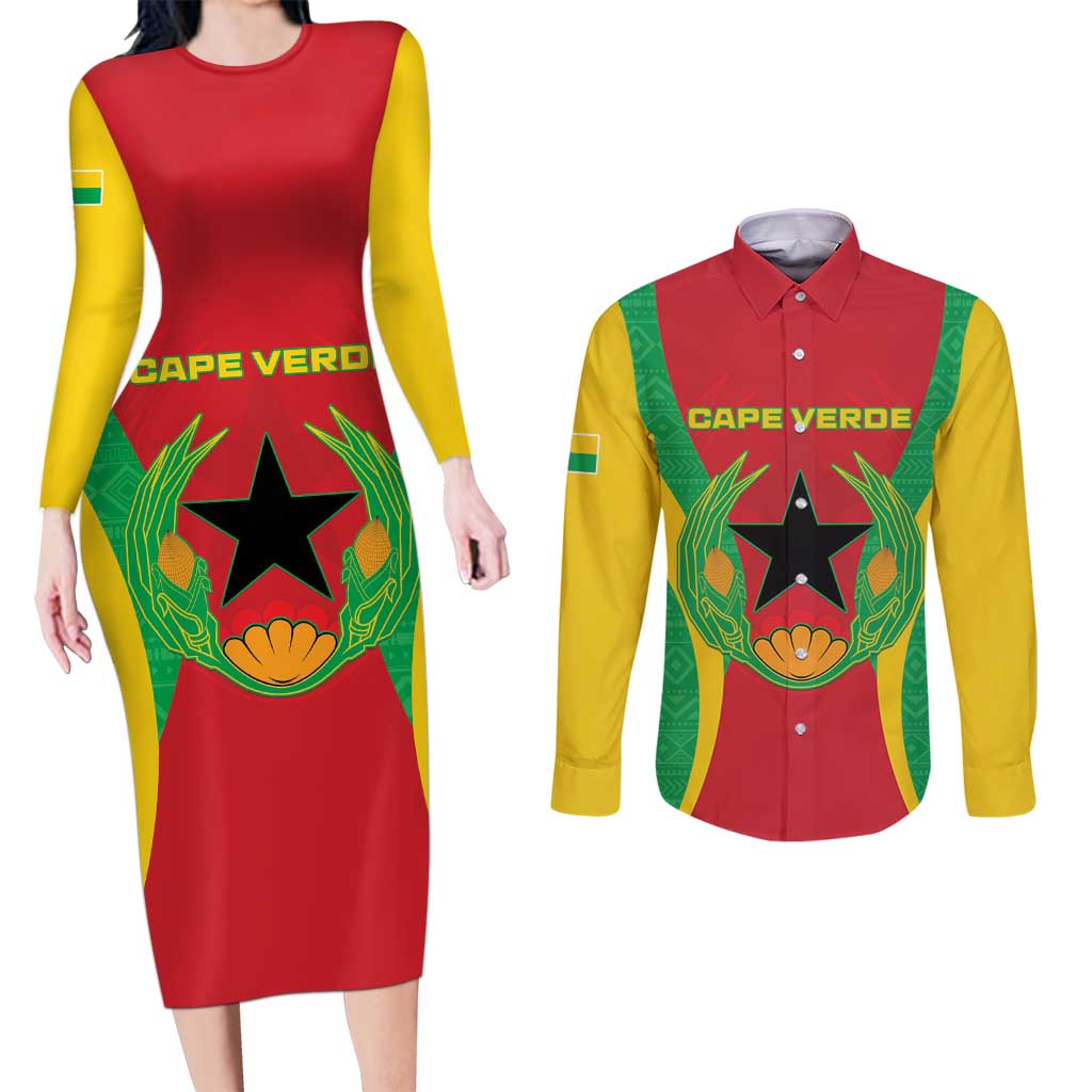 Personalised Cape Verde Couples Matching Long Sleeve Bodycon Dress and Long Sleeve Button Shirt National Flag Of Cape Verde 1975-1992 - Wonder Print Shop