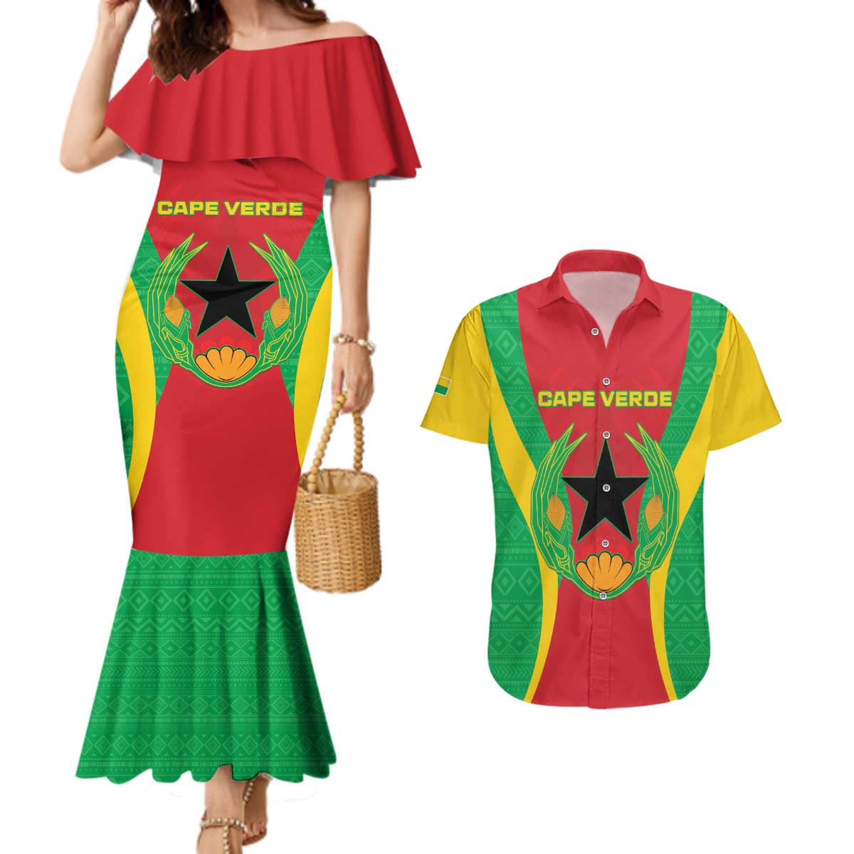 Personalised Cape Verde Couples Matching Mermaid Dress and Hawaiian Shirt National Flag Of Cape Verde 1975-1992 - Wonder Print Shop