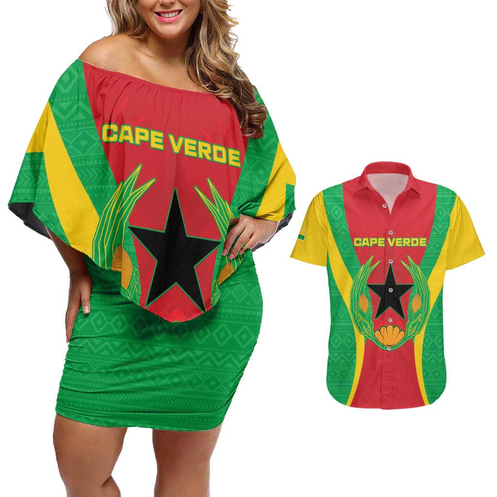 Personalised Cape Verde Couples Matching Off Shoulder Short Dress and Hawaiian Shirt National Flag Of Cape Verde 1975-1992 - Wonder Print Shop