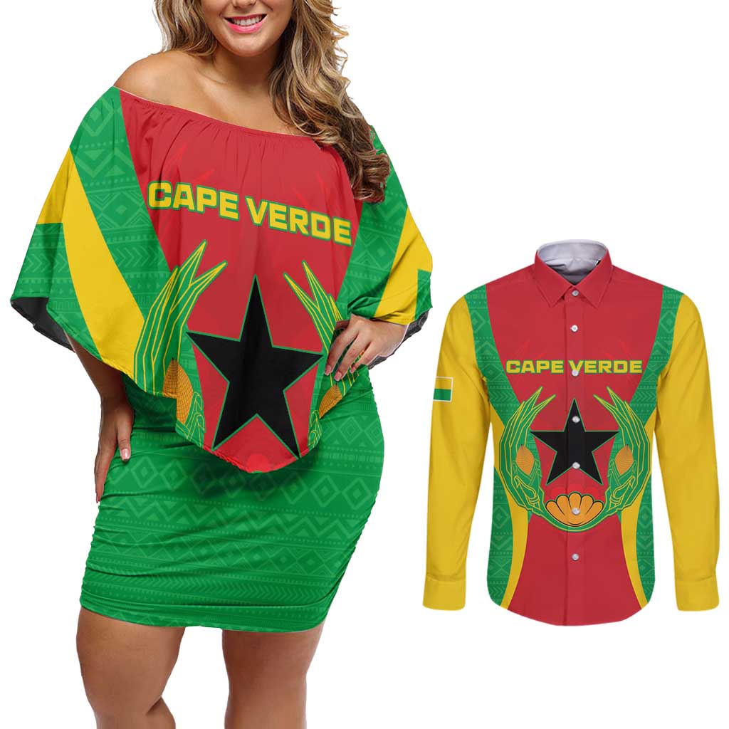 Personalised Cape Verde Couples Matching Off Shoulder Short Dress and Long Sleeve Button Shirt National Flag Of Cape Verde 1975-1992 - Wonder Print Shop