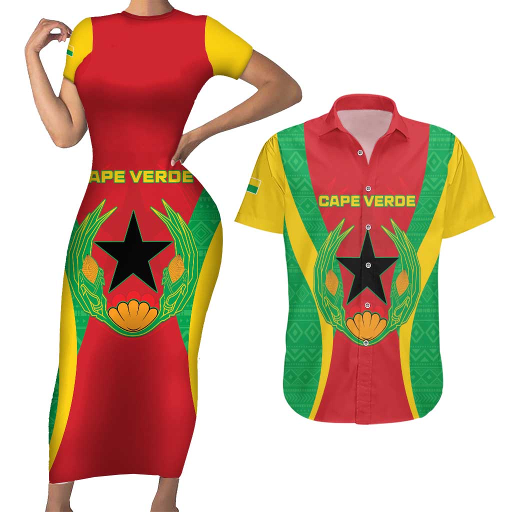 Personalised Cape Verde Couples Matching Short Sleeve Bodycon Dress and Hawaiian Shirt National Flag Of Cape Verde 1975-1992 - Wonder Print Shop