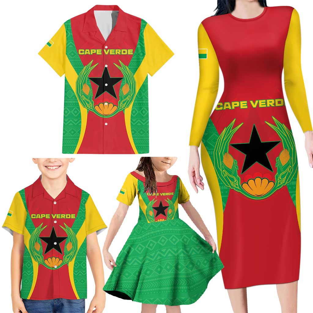 Personalised Cape Verde Family Matching Long Sleeve Bodycon Dress and Hawaiian Shirt National Flag Of Cape Verde 1975-1992 - Wonder Print Shop