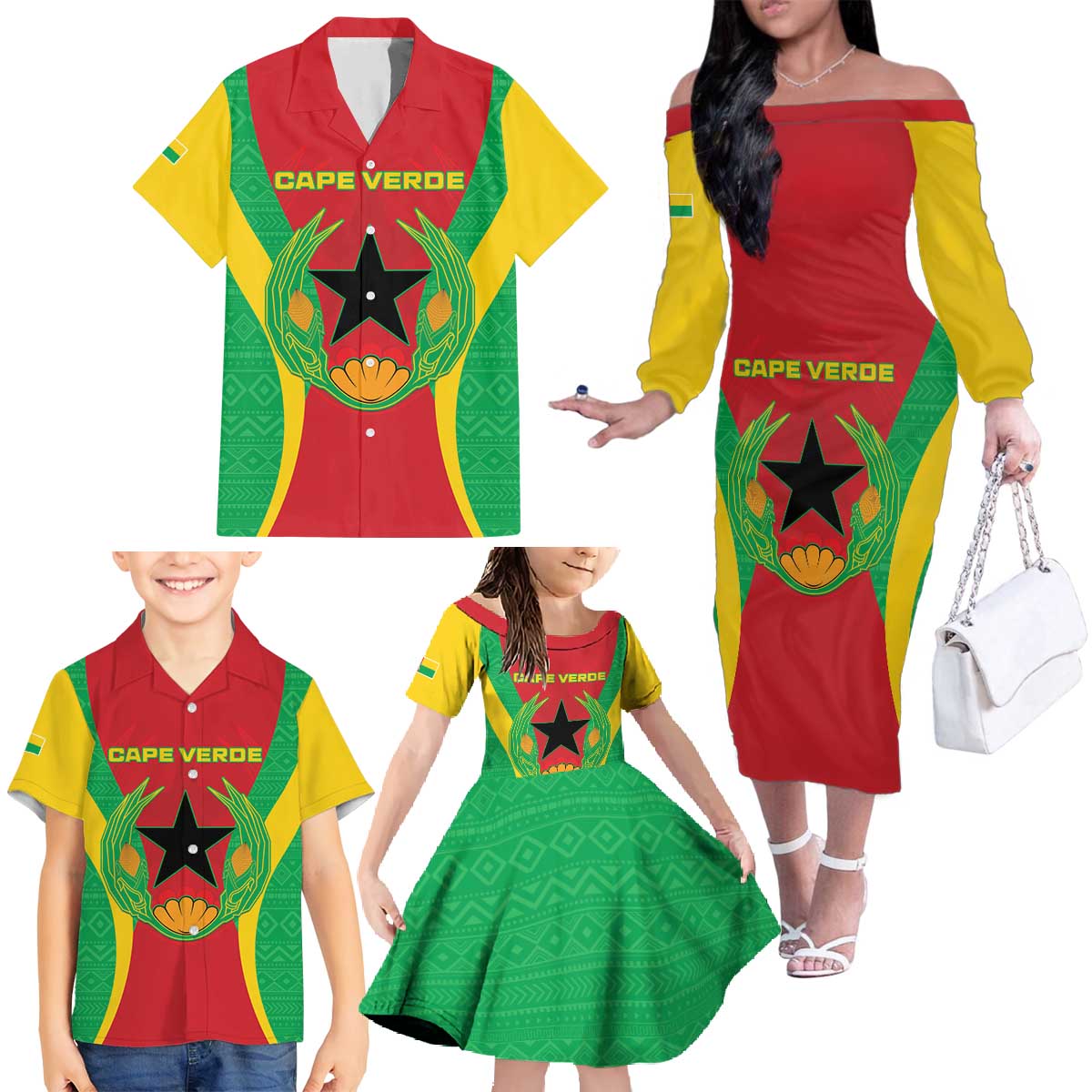 Personalised Cape Verde Family Matching Off The Shoulder Long Sleeve Dress and Hawaiian Shirt National Flag Of Cape Verde 1975-1992 - Wonder Print Shop