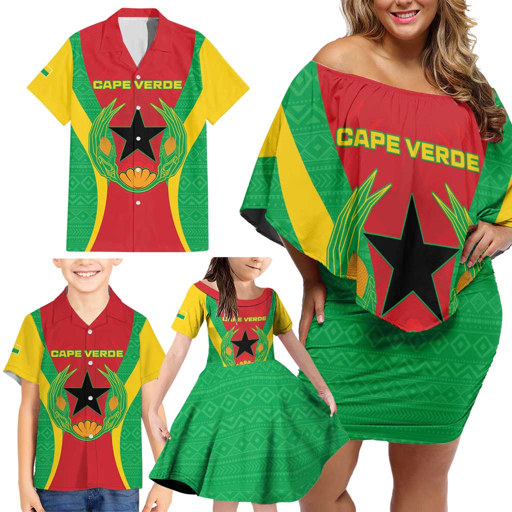 Personalised Cape Verde Family Matching Off Shoulder Short Dress and Hawaiian Shirt National Flag Of Cape Verde 1975-1992 - Wonder Print Shop