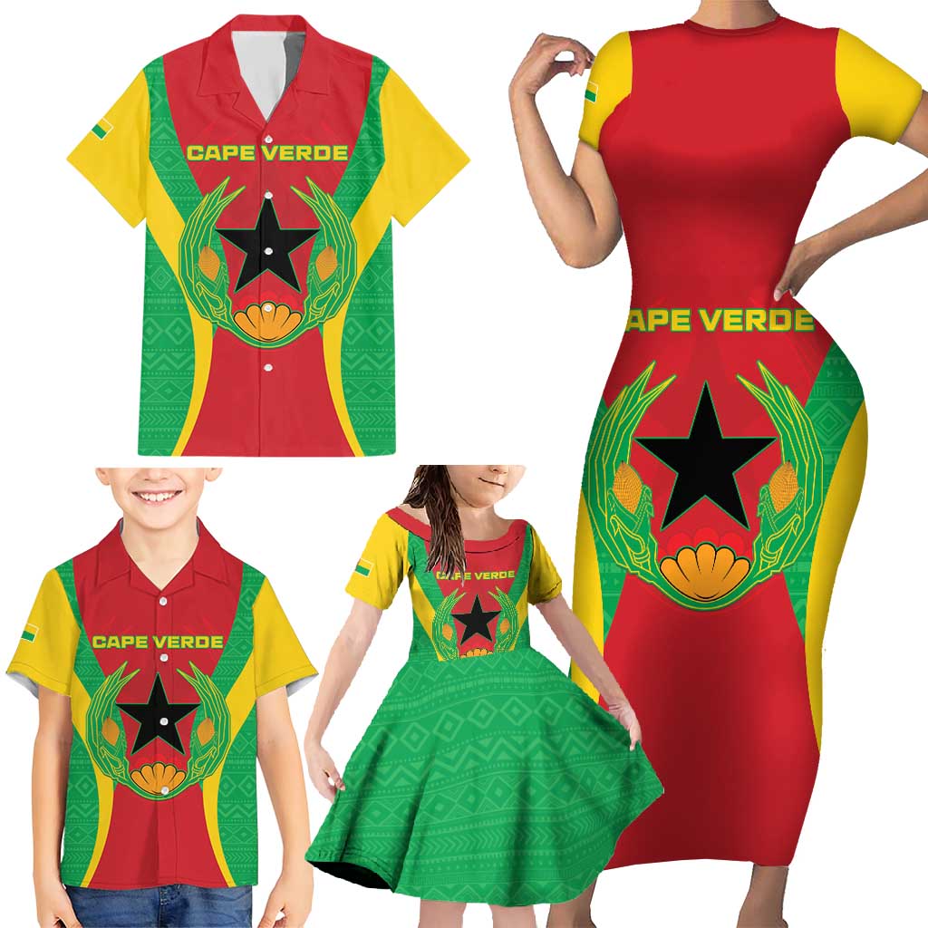 Personalised Cape Verde Family Matching Short Sleeve Bodycon Dress and Hawaiian Shirt National Flag Of Cape Verde 1975-1992 - Wonder Print Shop