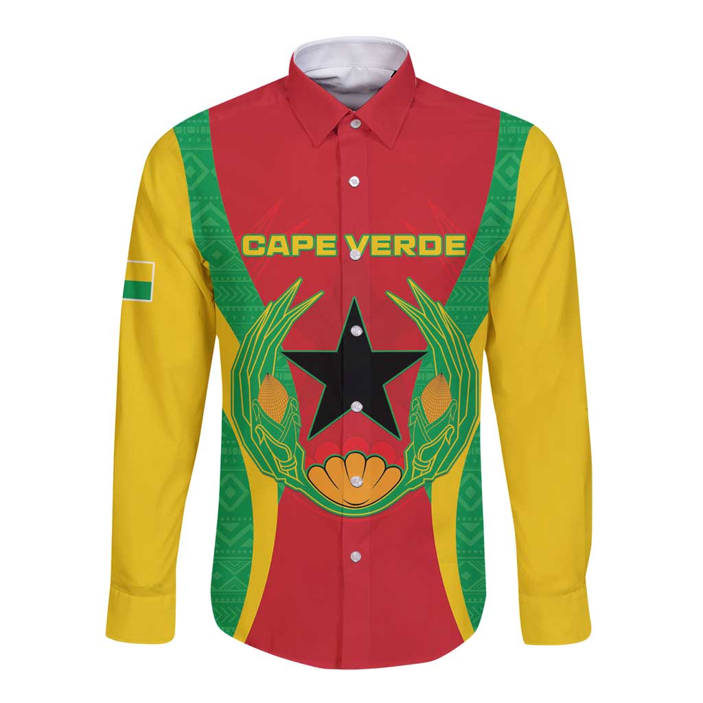Front view long sleeve button shirt with red, yellow, green flag panels, collar, star emblem