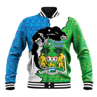 Unisex baseball jacket with blue-and-green patterned panels and large Sierra Leone crest graphic