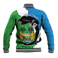 Baseball jacket back with blue-and-green panels, striped trim, chimp graphic, Sierra Leone crest