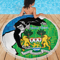 Round beach blanket with fringe border, chimp coat of arms graphic and 'Your Text'
