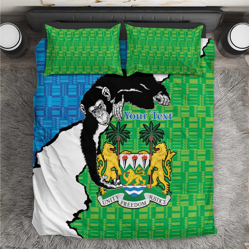 Green and blue bedding set with Sierra Leone map, coat of arms, and two pillowcases.