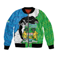 Unisex Sierra Leone bomber jacket with full-zip, black ribbed hem, multi-color coat-of-arms print