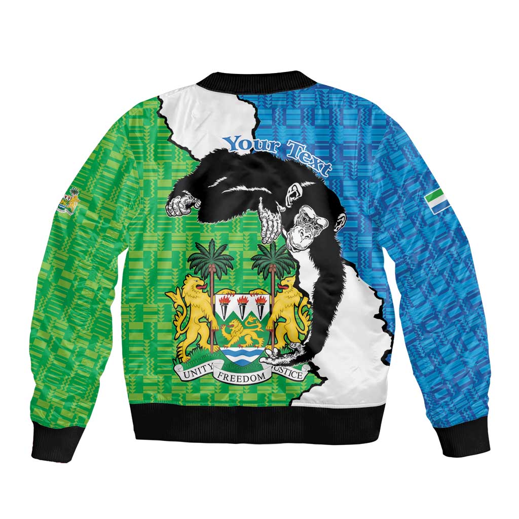 Unisex Sierra Leone bomber jacket, stand collar, black cuffs, coat-of-arms graphic on blue/green