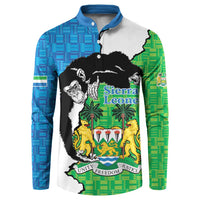 Button-up sweatshirt with Sierra Leone graphic and chimpanzee crest in blue and green
