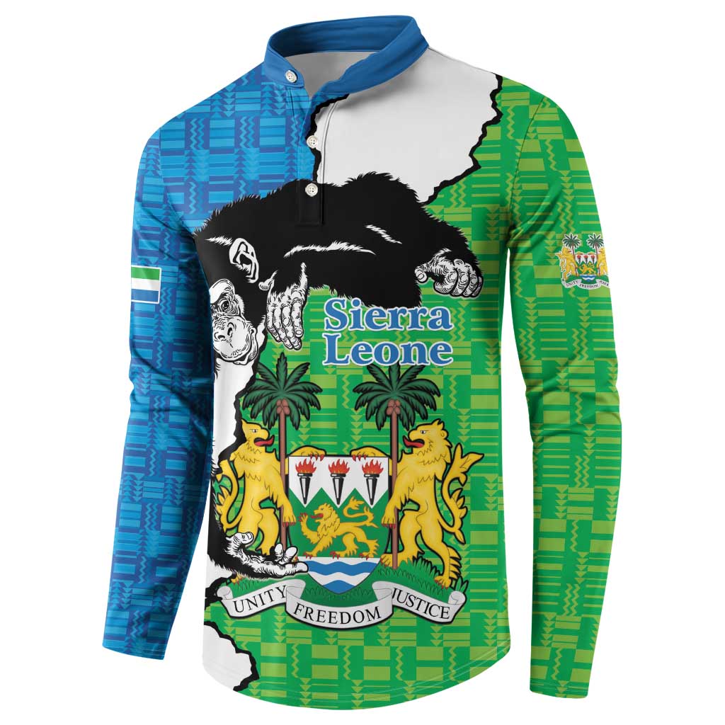 Button-up sweatshirt with large Sierra Leone crest and chimpanzee artwork in blue and green